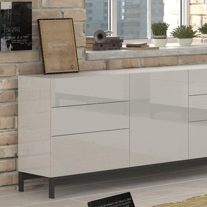 Dmora Modernes Sideboard mit 1 Tür und 6 Schubladen, Made in Italy, Küchen-Sideboard, Wohnzimmer-Design-Buffet, mit Füßen, 170x40h47 cm, glänzende weiße Farbe