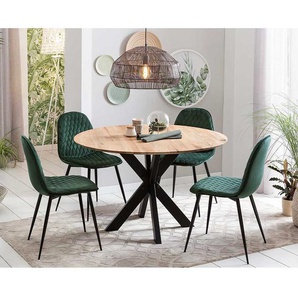 Design Esszimmergruppe mit rundem Tisch dunkelgrünen Polsterstühlen (fünfteilig)