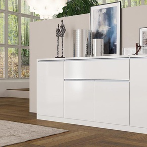 Dmora Modernes Sideboard mit 4 Türen und 1 Schublade, Made in Italy, Küchen-Sideboard, Wohnzimmer-Design-Buffet, 210x45h85 cm, glänzend weiße Farbe