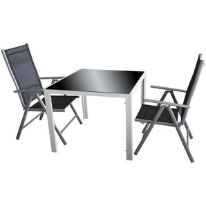 Wohaga 3tlg. Gartengarnitur Tisch 90x90cm Silbergrau/Schwarz + 2 Hochlehner-Stühle Silbergrau/Schwarz