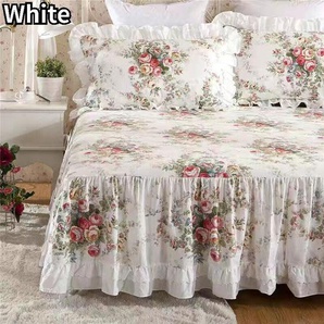 3pcs Romantisch Blumenmuster Bett Rock Rüschen Baumwolltagesdecke Staub Drapiert