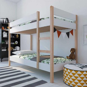 Kinderzimmer Stockbett in Weiß und Pinie Vierfußgestell aus Holz