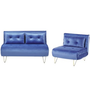 Sofa 3- Sitzer Set Marineblau Samtstoff Sitzgruppe Schlaffunktion Verstellbare Rückenlehne Zierkissen Modern Wohnzimmer