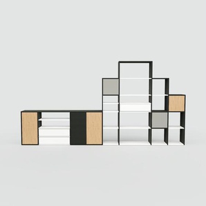 Regalsystem Eiche - Regalsystem: Schubladen in Weiß & Türen in Eiche - Hochwertige Materialien - 380 x 195 x 34 cm, konfigurierbar