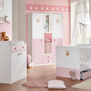 Babyzimmer 4-tlg. in weiß mit Abs. in rosé, Babybett B: ca. 80 cm, Wickelkommode B: ca. 91 cm, Kleiderschrank B: ca. 139 cm