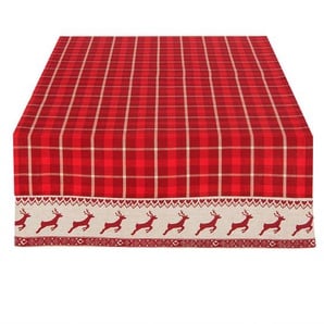 Clayre & Eef Tischdecke 50*140 cm Rot Beige Baumwolle Rechteckig Hirsche und Weihnachten Läufer Tischtextilien