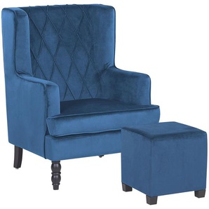 Sessel Blau Samtstoff mit Hocker Wohnzimmerausstattung Salon Schlafzimmer Essbereich