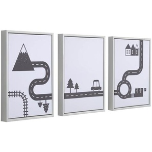 Kave Home - Nisi Set aus 3 Bildern aus Holz weiß mit Autos schwarz