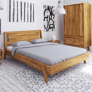 Niedriges Bett aus Wildeiche Massivholz Retro Design