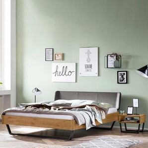 140x200 cm Bett mit Bügelgestell aus Wildeiche Massivholz Stahl