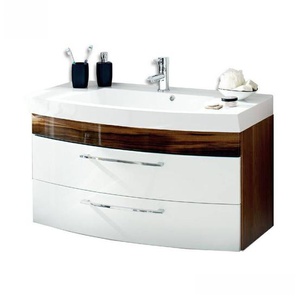 Badezimmermöbel Waschplatz Set in Hochglanz weiß mit Walnuss, 100cm Waschtischunterschrank mit Waschbecken & LED-Spiegel