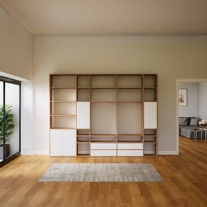 Holzregal Weiß - Modernes Regal: Schubladen in Weiß & Türen in Weiß - 303 x 233 x 34 cm, Personalisierbar