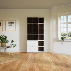 Vitrine Nussbaum - Moderne Glasvitrine: Schubladen in Weiß & Türen in Kristallglas klar - Hochwertige Materialien - 115 x 238 x 37 cm, konfigurierbar