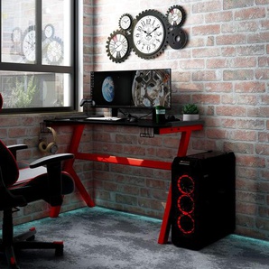 Gaming-Schreibtisch mit LED & Y-Gestell Schwarz Rot Ergonomischer Gaming-Schreibtisch, Home-Office-PC-Computertisch mit Headset- und Controller-Fach und Getränkehalter Schwarz, Rot Spanplatte, Eisen110x60x75 cm (LxBxH)