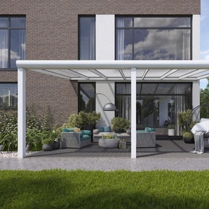 Terrassenüberdachung aus Aluminium in Matt Weiß in 800 x 350 cm mit Klar Polycarbonat mit LED Lampen