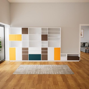 Regalsystem Weiß - Regalsystem: Schubladen in Nussbaum & Türen in Nussbaum - Hochwertige Materialien - 416 x 200 x 34 cm, konfigurierbar