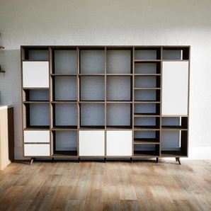 Holzregal Weiß - Modernes Regal: Schubladen in Weiß & Türen in Weiß - 233 x 168 x 34 cm, Personalisierbar