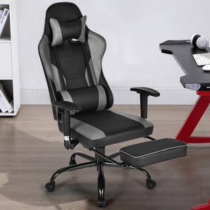 Gaming Stuhl höhenverstellbar Drehstuhl mit gepolsterte hohe Rückenlehne für Büro Schwarz + Grau