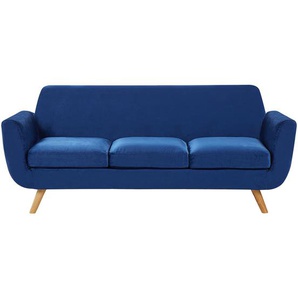 Sofa Marineblau 3-Sitzer aus Gummibaumholz/ mit Samtstoffbezug Beine aus hellem Holz mit Armlehnen Wohnzimmersofa Retro Modernes Design