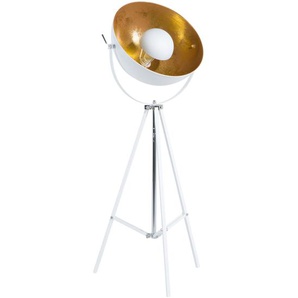 Stehlampe Weiß und Gold Metall 165 cm Scheinwerfer-Look verstallbarer Schirm Dreibeinig langes Kabel mit Schalter Industrie Design