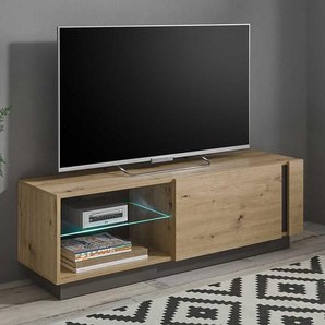 Modernes TV Board in Wildeiche Optik und Dunkelgrau Klappe und Gerätefach
