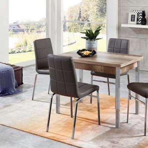 Design Esszimmergruppe, 4 Stühle, 1 Tisch in Monument Oak, mit Auszug, Stühle in lederoptik, verschromte Tischbeine, 5-teilig  2. grau