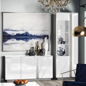 Esszimmer Möbel Set in Beton Optik mit weiß Glanz LAGONEGRO-131, B/H/T ca. 222/201/40 cm