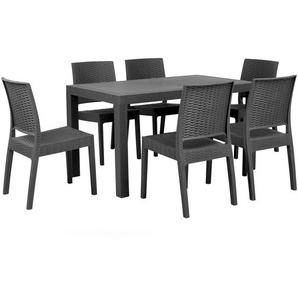 Gartenmöbel 6er Set Grau Tisch 80 x 140 cm in rechteckiger Form in Rattanoptik Modern