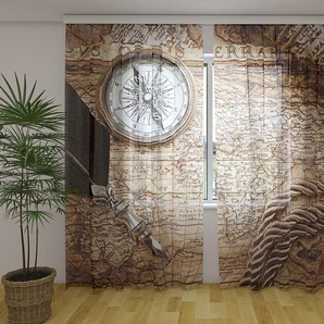 Gardinen & Vorhänge aus Chiffon transparent. Fotogardinen 3D Vintage Map with Compass