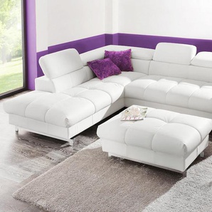 Polstergarnitur COTTA Mailand Sitzmöbel-Sets Gr. NaturLEDER, ohne Bettfunktion-mit Kopfteilverstellung + Ottomane links, weiß (altweiß) Couchgarnituren Sets Set: bestehend aus Ecksofa und Hocker, wahlweise mit Bettfunktion