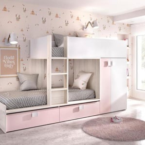 Etagenbett mit Kleiderschrank - 2x 90 x 190 cm - Weiß, Naturfarben & Rosa - JUANITO