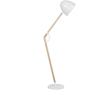 Stehlampe Weiß Metall 175 cm Arm und Schirm verstallbar Holzgestell Marmorfuß langes Kabel mit Schalter Industrie Design