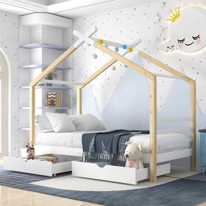 Kinderbett Hausbett mit 2 Schubladen und Lattenrost Einzelbett 90 x 200 cm aus Kiefernholz für Kinder und Jugendzimmer