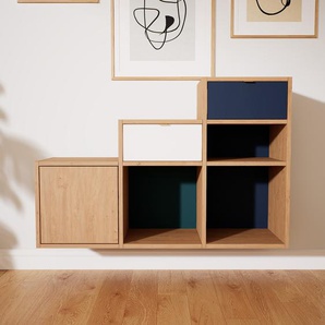 Hängeschrank Blau - Wandschrank: Schubladen in Weiß & Türen in Buche - 118 x 79 x 34 cm, konfigurierbar