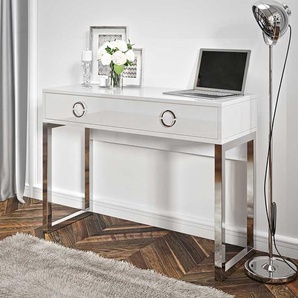 Design Schreibtisch in Weiß Hochglanz Bügelgestell in Chrom