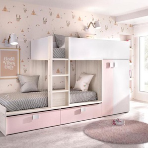 Etagenbett mit Kleiderschrank + Matratzen - 2x 90 x 190 cm - Weiß, Naturfarben & Rosa - JUANITO