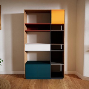 Holzregal Blaugrün - Modernes Regal: Schubladen in Weiß & Türen in Blaugrün - 115 x 200 x 47 cm, Personalisierbar