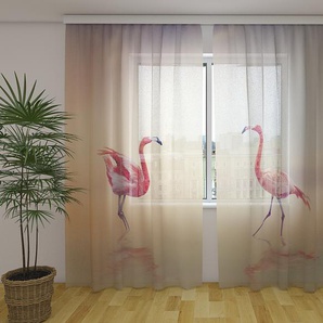 Gardinen & Vorhänge aus Chiffon transparent. Fotogardinen 3D Pink Flamingoes at Sunset