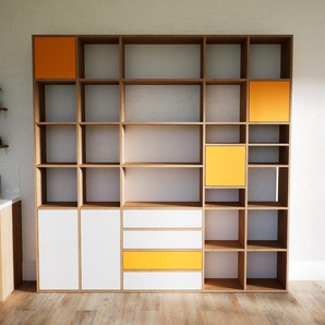 Holzregal Weiß - Modernes Regal: Schubladen in Weiß & Türen in Gelb - 231 x 233 x 34 cm, Personalisierbar