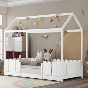 Kinderbett Hausbett 90x200 cm Holzbett aus Kiefernholz mit Rausfallschutz und Lattenrost für Kinder- und Jugendzimmer Weiß