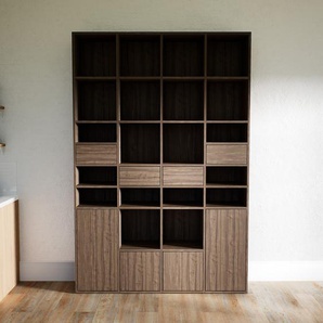 Holzregal Nussbaum - Modernes Regal: Schubladen in Nussbaum & Türen in Nussbaum - 156 x 233 x 34 cm, Personalisierbar