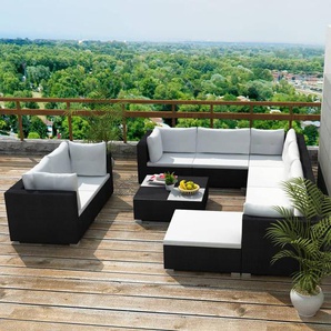 10-tlg. Garten-Lounge-Set mit Auflagen Poly Rattan Schwarz