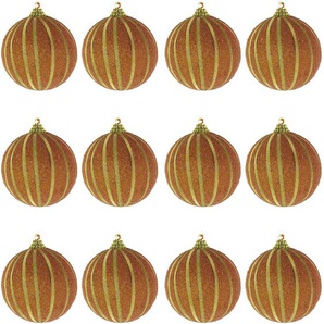 12-tlg. Weihnachtskugeln Weihnachtsbaumkugeln Weihnachtskugeln Baumschmuck Streifen Kupfer/Gold Ø 8cm Christbaumkugeln beflockt mit Glitzer