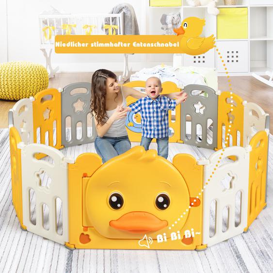 14 Paneele Laufgitter Baby Laufstall faltbar Absperrgitter mit Tür und Spielzeugboard Krabbelgitter Gelb
