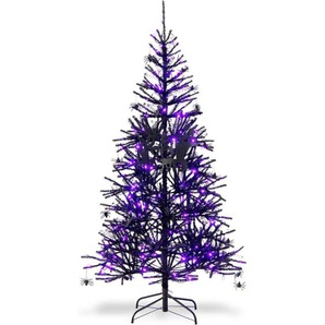 183cm Künstlicher Weihnachtsbaum beleuchtet, 250 LED-Leuchten in Lila, mit PVC-Spitzen & Dekorationen & Metallständer, Schwarz, für Halloween und