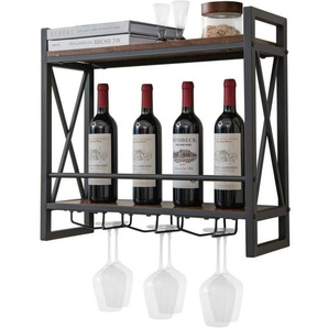 2 Ebenen Weinregal Wand, Flaschenregal Holz mit Metallrahmen, mit 3 Reihen Weingläserhalter, Industrial Design, ideal für Zuhause, Bar, Küche,