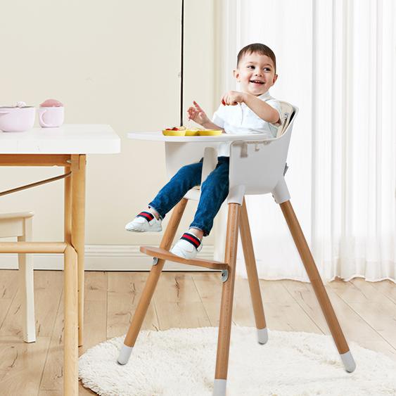 2-in-1 Babyhochstuhl Kinderhochstuhl aus Holz einstellbar 57 x 57 x 83 cm Cremeweiß + Natur
