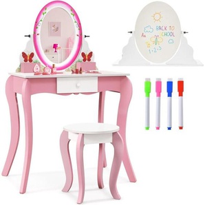 2 in 1 Kinder Schminktisch & Hocker mit um 360° drehbarem Spiegel & Whiteboard, 4 Markern, Prinzessin Frisiertisch für Kleinkinder von 3-7 Jahren
