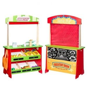 2-in-1 Spielset Puppentheater aus Holz mit Vorhängen, Kaufmannsladen, doppelseitiges Holzspiel mit Tafel und Registrierkasse, Marktstand zum Rollenspiel für Kinder ab 3 Jahren MZKETSHTWJTWG3BPJ001V9