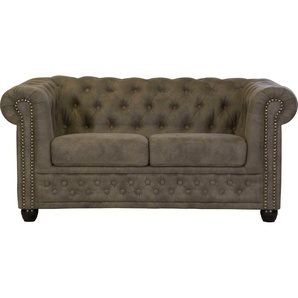 Chesterfield-Sofa HOME AFFAIRE Rysum Sofas Gr. B/H/T: 148 cm x 72 cm x 86 cm, Luxus-Microfaser in Lederoptik, grau (stone) Chesterfieldsofas Chesterfield-Optik, in 2 Bezugsqualitäten